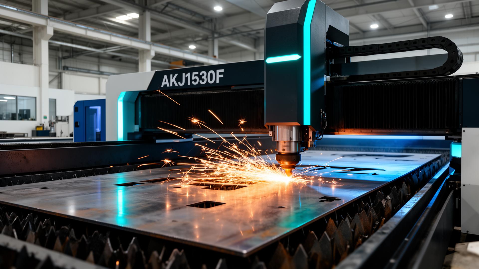 Fiber laser cutting a metal sheet with sparks