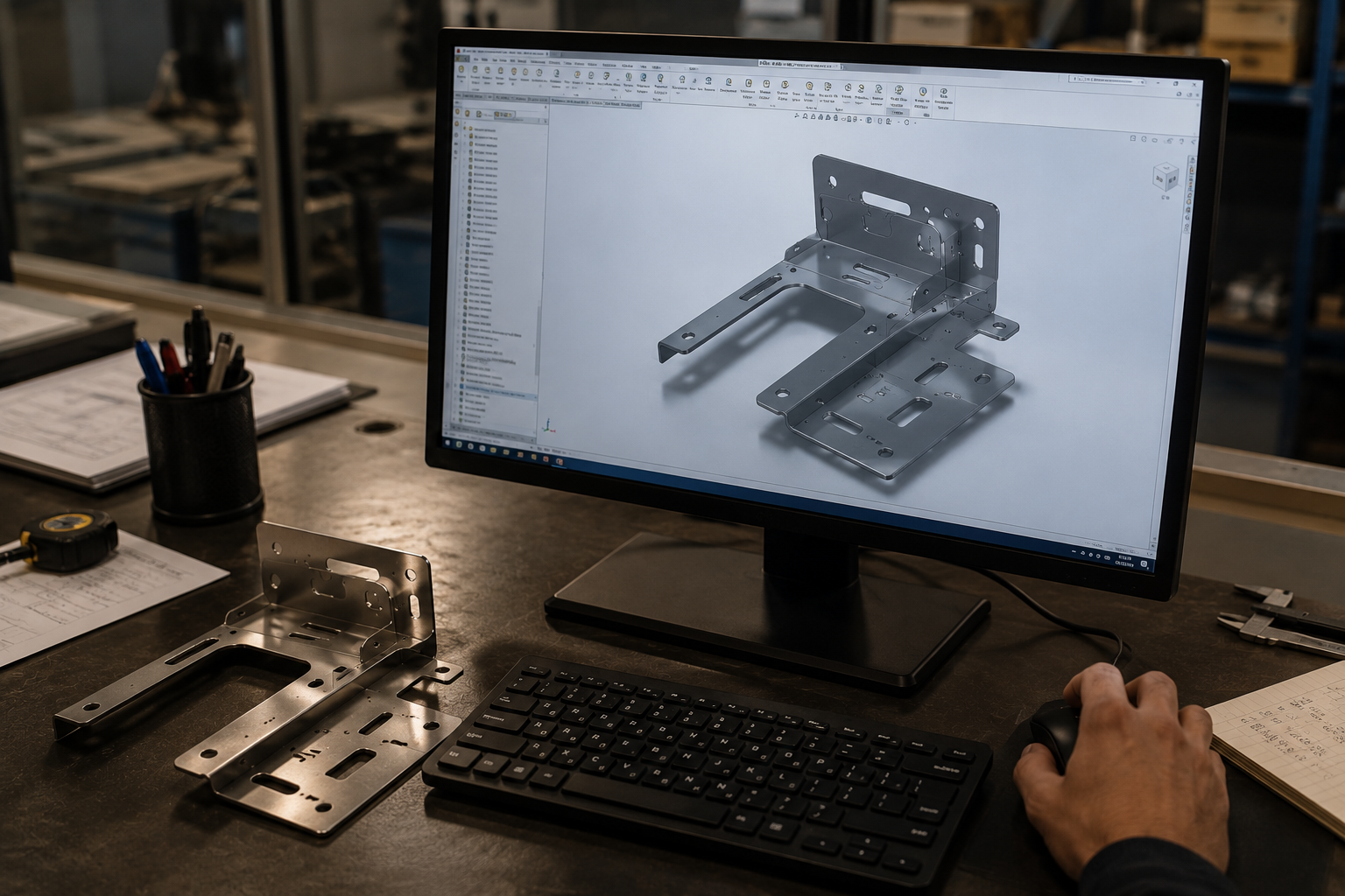 CAD design of a sheet-metal part next to the manufactured piece